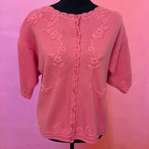 Vintage Cape Isle Knitters Hand Embroidered Cotton Pink Floral Cardigan - Large